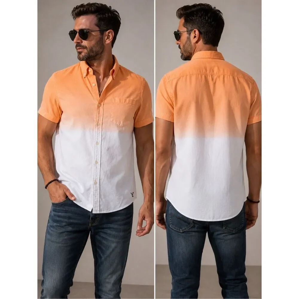American Eagle Ombre Button Front Oxford Shirt Peach White Slim Fit Cotton S